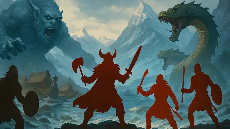 Обложка игры Champions of Midgard Digital Edition, показывающая викингов и мифических существ.