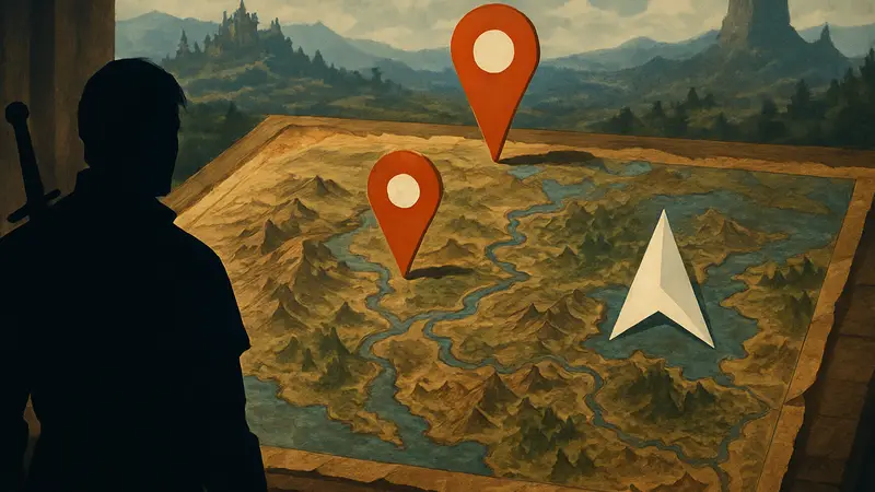 Кадры из Crimson Desert с видом на карту игрового мира и указателями, символизирующими GPS-функцию.