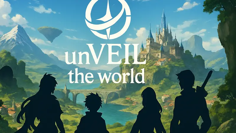 Логотип мобильной аниме-гачи unVEIL the world на фоне игрового мира и персонажей