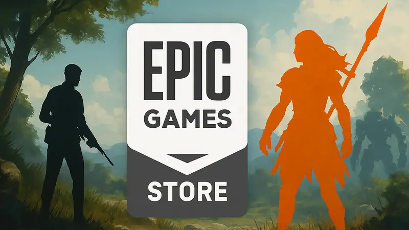 Логотип Epic Games Store с изображением двух бесплатных игр, доступных сегодня.