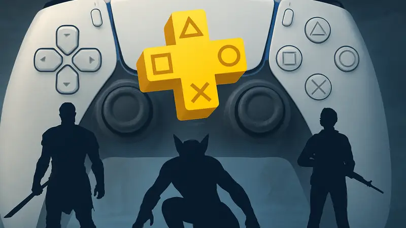 Логотип PlayStation Plus и изображения трёх бесплатных игр, доступных в январе 2026 года, на фоне контроллера DualSense.