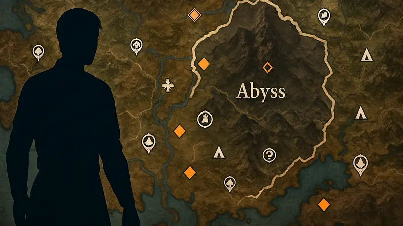 Фрагмент интерактивной карты мира Crimson Desert с обозначенным регионом Abyss, показывающий точки интереса и маркеры.