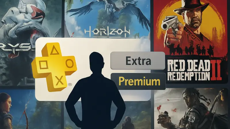 Логотип PS Plus Extra/Premium на фоне обложек игр для PlayStation 5 и PlayStation 4.