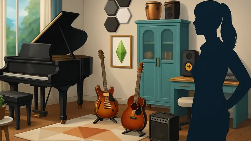Комплект мебели из набора «Музыкальная студия» для The Sims 4, включающий инструменты и декор.