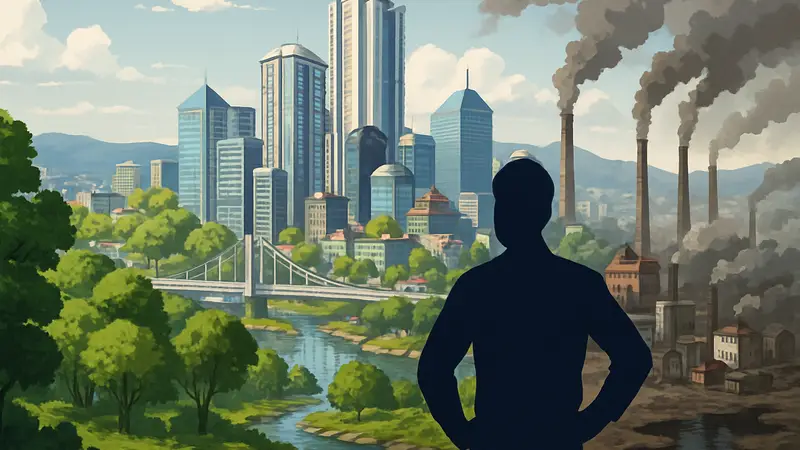 Кадр из игры Cities: Skylines, демонстрирующий развитый город с элементами природы или загрязнения.