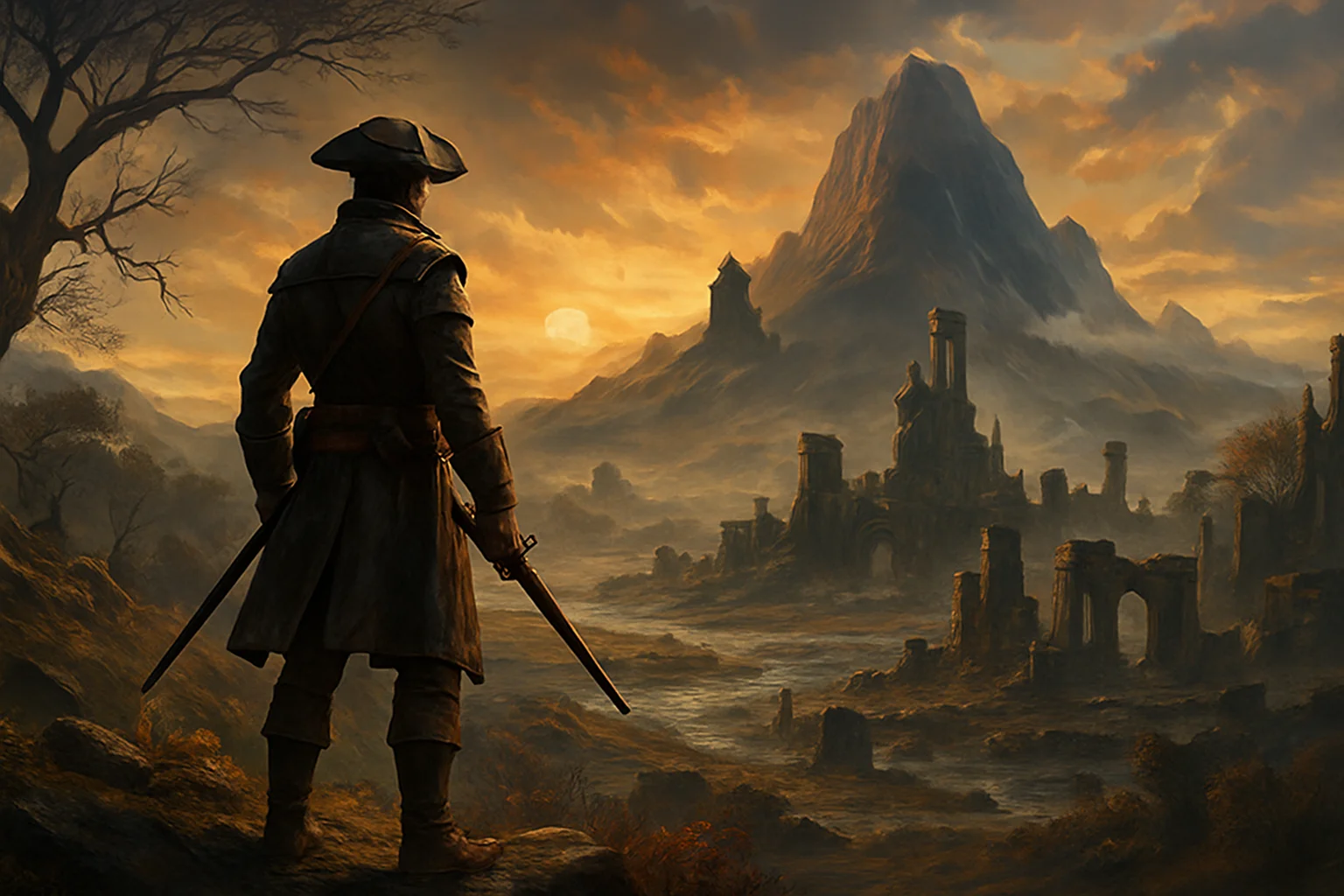 Обложка игры GreedFall II: The Dying World, изображающая главного героя в фэнтезийном мире, с датой релиза.