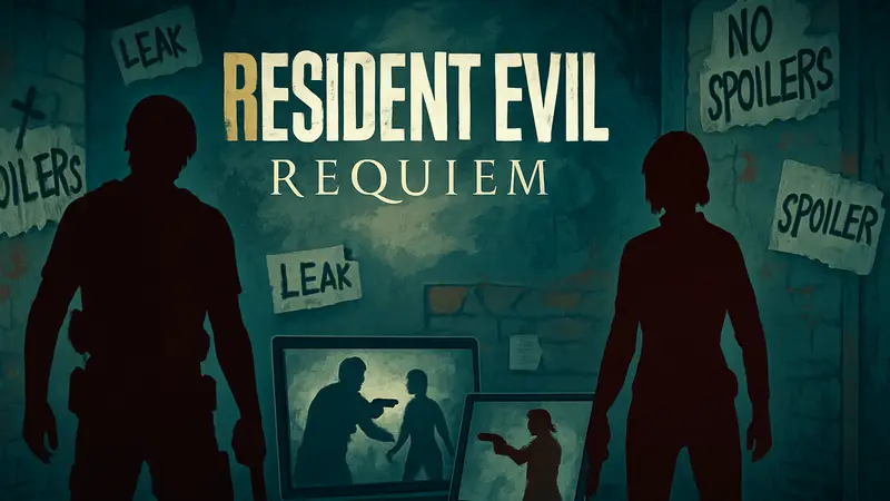 Логотип Resident Evil Requiem на фоне утечек и спойлеров с персонажами Леоном и Грейс.