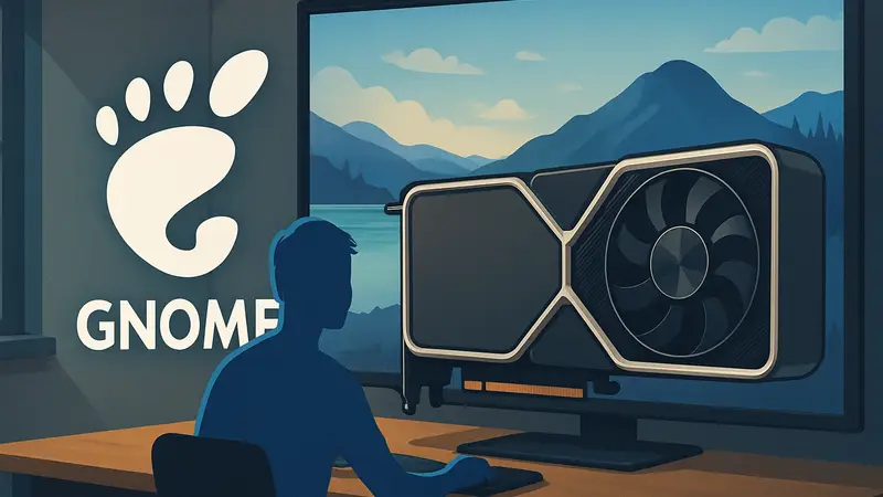 Логотип Gnome и видеокарта Nvidia на фоне рабочего стола Linux, символизирующие улучшенную производительность для игр.