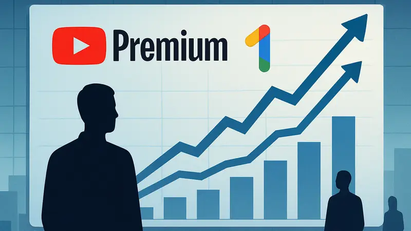 Логотипы YouTube Premium и Google One с графиком роста доходов и подписчиков