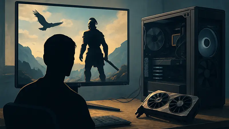 Игровой монитор AOC на столе геймера, рядом с системным блоком и видеокартой, символизирующий апгрейд ПК.