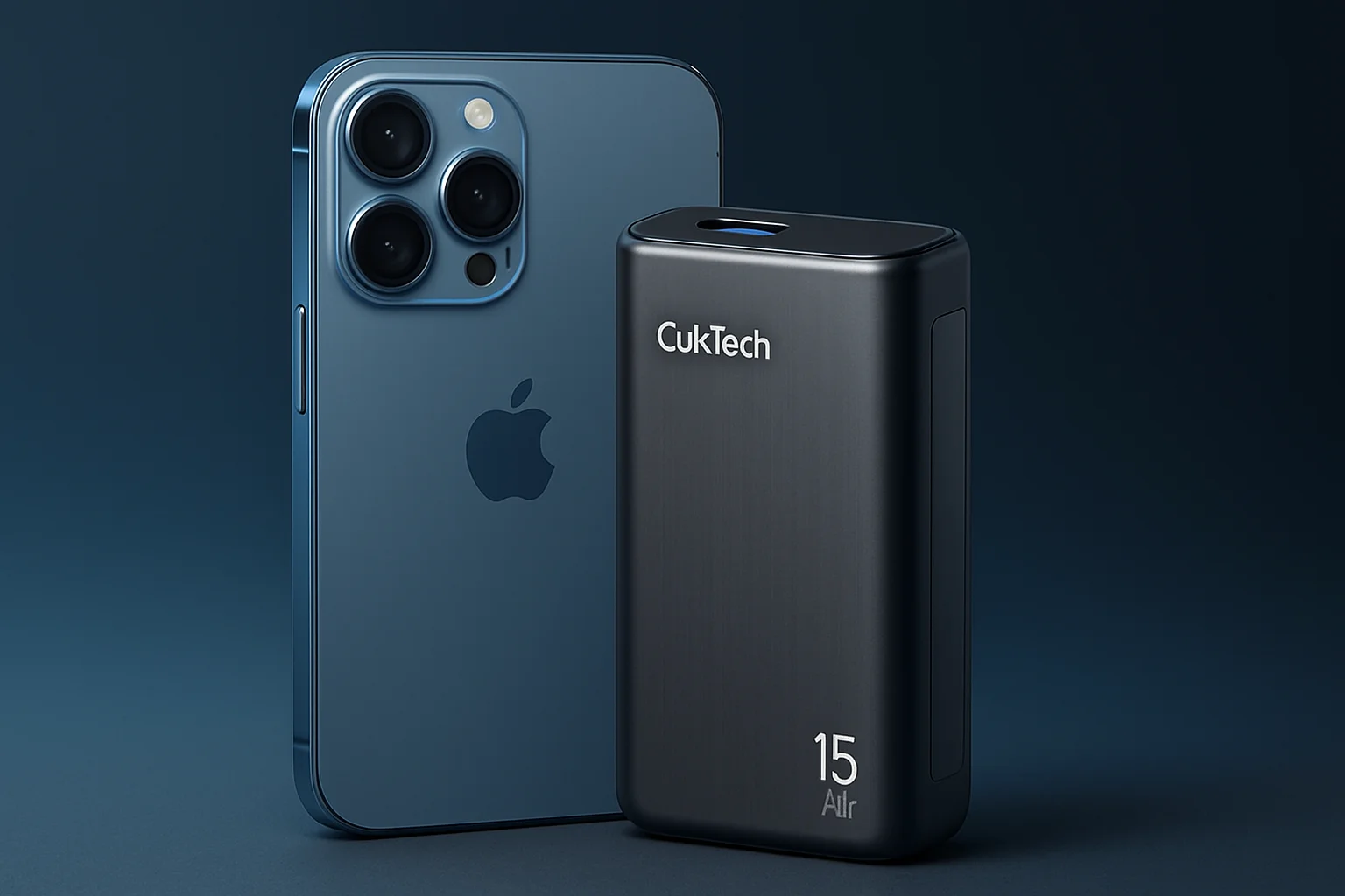 Изображение компактного портативного аккумулятора Cuktech 15 Air на фоне смартфона, демонстрирующее его малые размеры и стильный дизайн.