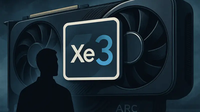 Логотип Intel XeSS 3 на фоне видеокарты Arc, символизирующий новую генерацию кадров.