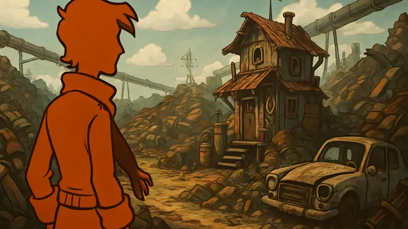 Скриншот из игры Deponia, показывающий рисованную графику и главного героя.