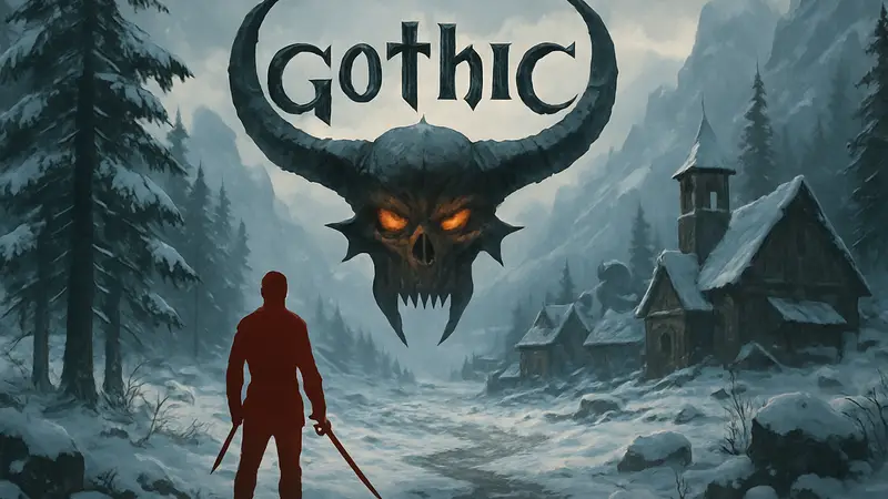 Обложка игры Gothic 1 Remake, дата выхода 5 июня 2026, логотип. Зимний пейзаж с персонажем.