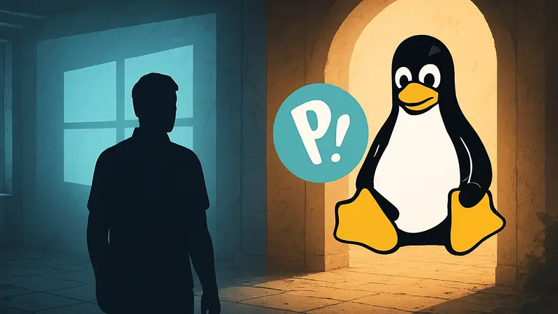 Логотип Linux Tux рядом с логотипом Pop! OS, символизирующий переход от Windows.