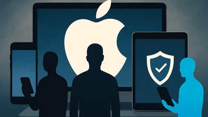 Логотип Apple на фоне экранов iPhone, iPad и MacBook, символизирующий безопасность.