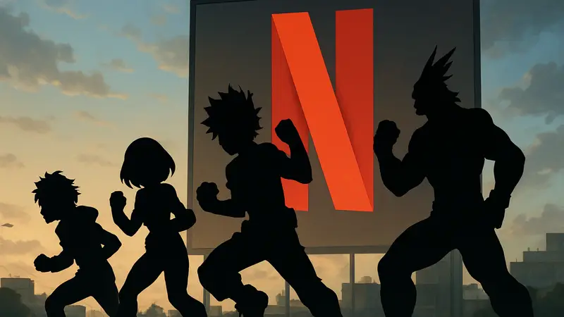 Персонажи «Моей геройской академии» в боевых позах на фоне логотипа Netflix