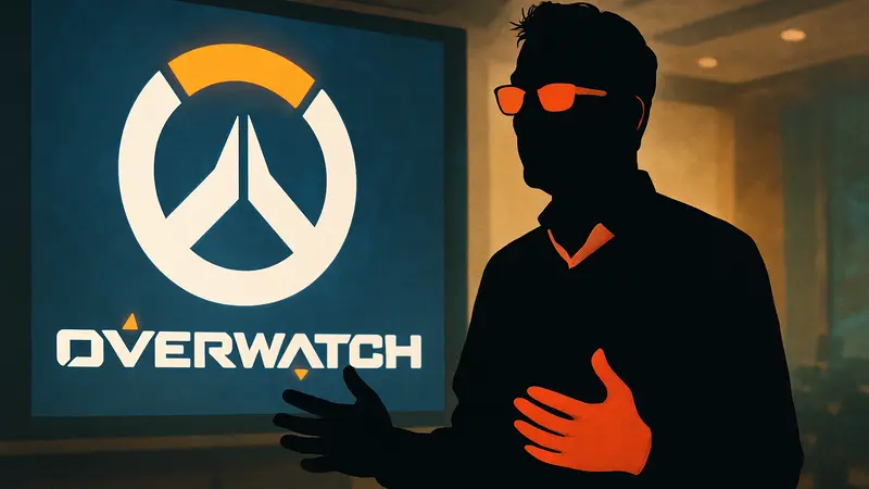 Джефф Каплан, бывший геймдиректор Overwatch, на фоне логотипа игры, рассказывает о её разработке.