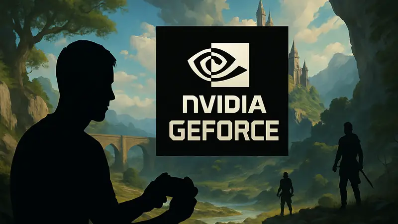 Логотип NVIDIA GeForce на фоне компьютерной графики, демонстрирующий технологию масштабирования игр.