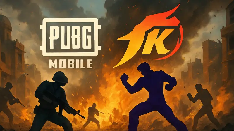 Логотипы PUBG Mobile и The King of Fighters, объединенные в анонсе кроссовера, на фоне битвы.
