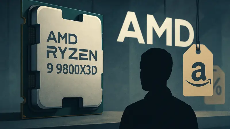 Процессор AMD Ryzen 9 9800X3D на фоне логотипа AMD и ценников Amazon, символизирующий снижение цен