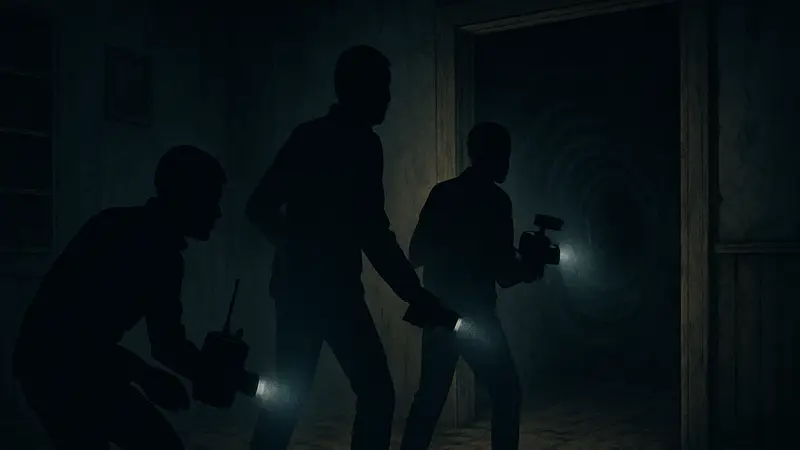 Игроки в Phasmophobia с фонариками и оборудованием для охоты на призраков, прислушивающиеся к жуткому звуку в тёмной комнате.