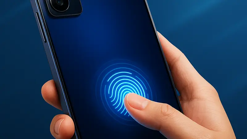 Смартфон Redmi Turbo 5 Max, демонстрирующий работу ультразвукового сканера отпечатков пальцев