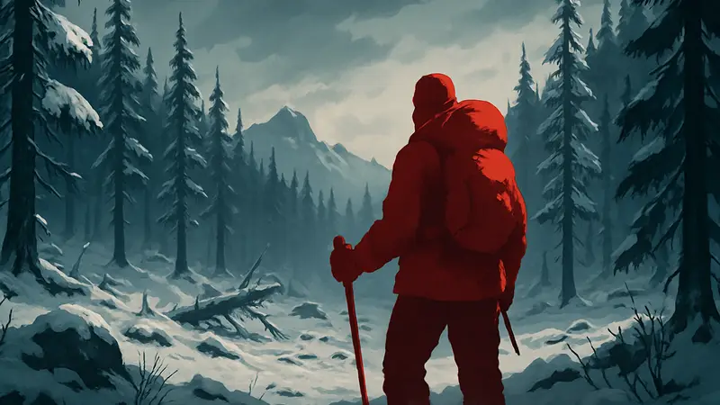 Кадр из игры The Long Dark, показывающий заснеженные леса и суровую атмосферу выживания.