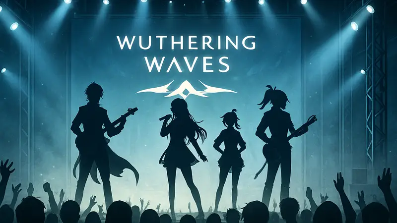 Обложка живого концерта Wuthering Waves с персонажами игры, на сцене