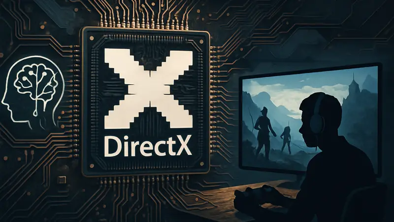 Логотип DirectX на фоне микросхем и игрового интерфейса, демонстрирующий интеграцию ИИ в игры