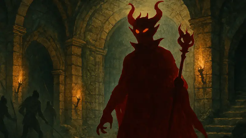 Обложка или арт Dungeons & Dragons с изображением злодейского персонажа или монстра.