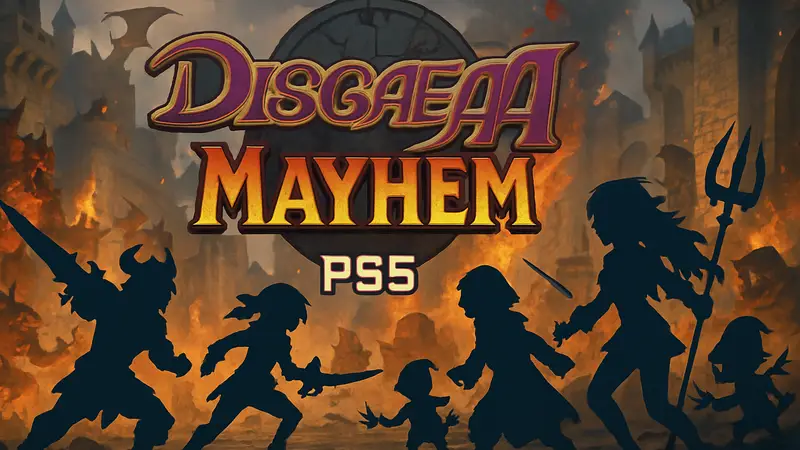 Логотип Disgaea Mayhem на фоне битвы с персонажами в стиле hack-and-slash, дата выхода PS5