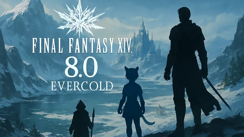 Логотип Final Fantasy XIV 8.0 Evercold с датой релиза на фоне игрового мира