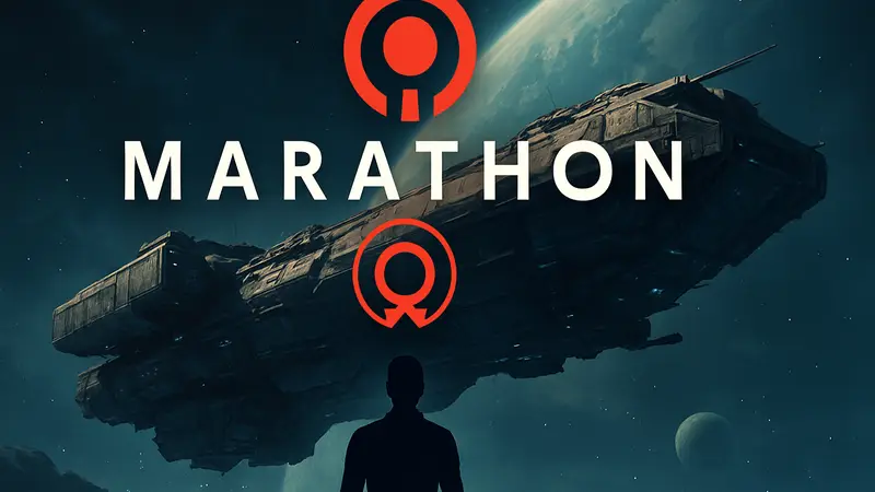 Логотип игры Marathon с символикой второго сезона, на фоне космического корабля.