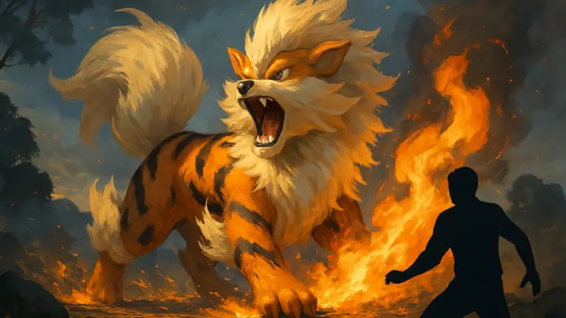 Изображение покемона Арканайна (Arcanine), пылающего огнем, в бою.