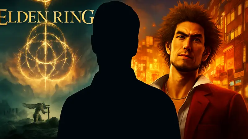 Алекс Хатчинсон, бывший директор Far Cry 4, на фоне логотипов Elden Ring и Like A Dragon