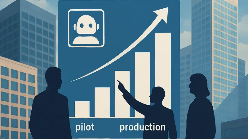 Диаграмма или графика, демонстрирующая переход ИИ-проектов от пилота к производству на фоне офисных зданий.