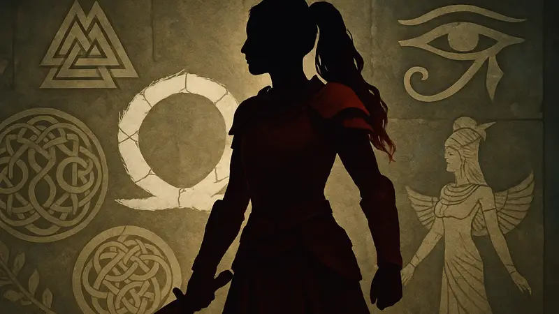 Женский персонаж в доспехах на фоне символов различных мифологий для игры God of War