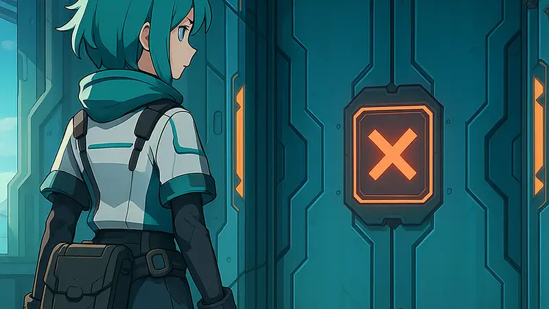 Изображение игрового персонажа Mio: Memories in Orbit рядом с заблокированным лифтом, демонстрирующее препятствие.