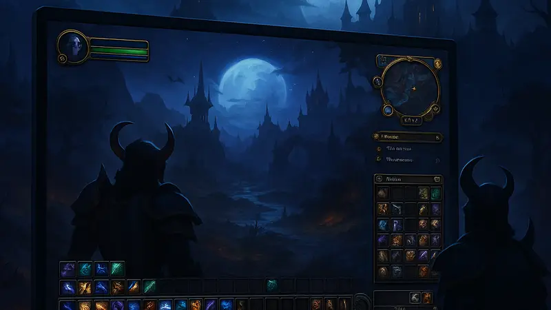 Игровой мир World of Warcraft: Midnight с изменениями интерфейса и аддонов, на экране показаны элементы UI