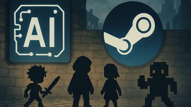 Символ ИИ и логотип Steam, рядом пиксельные инди-персонажи