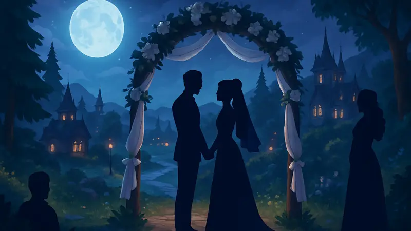 Скриншот игрового мира Moonlight Peaks с персонажами, готовящимися к свадьбе.