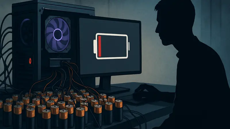 Игровой ПК, подключенный к множеству батареек АА, демонстрирующий нехватку питания