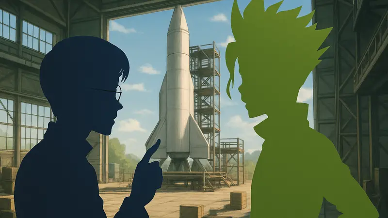Персонажи Сай и Сенку из аниме Dr. Stone обсуждают планы по строительству ракеты.
