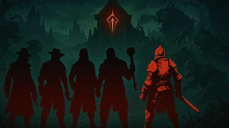 Герои Darkest Dungeon 2 стоят в строю, готовясь к бою с монстрами.