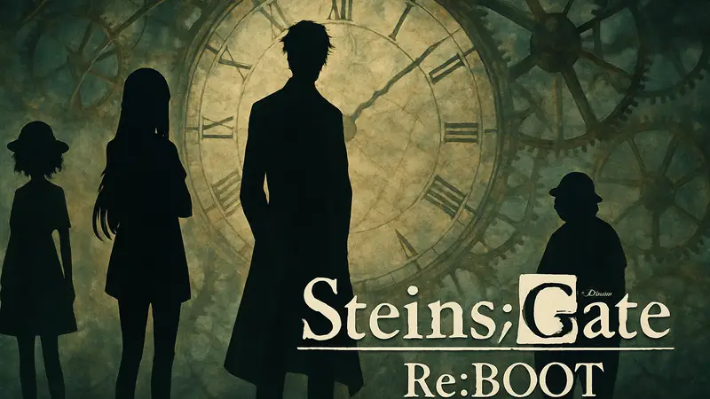 Обложка Steins;Gate Re:Boot с главными героями или логотипом игры на фоне временных парадоксов