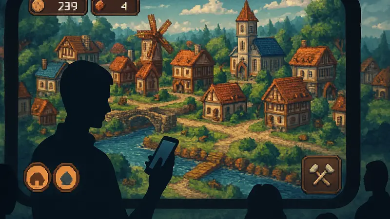 Скриншот из игры Dawnfolk с пиксельным городом и интерфейсом