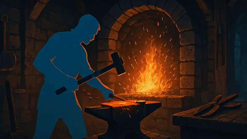 Кузнечный горн с искрами и инструментами для крафта в игре The Forge