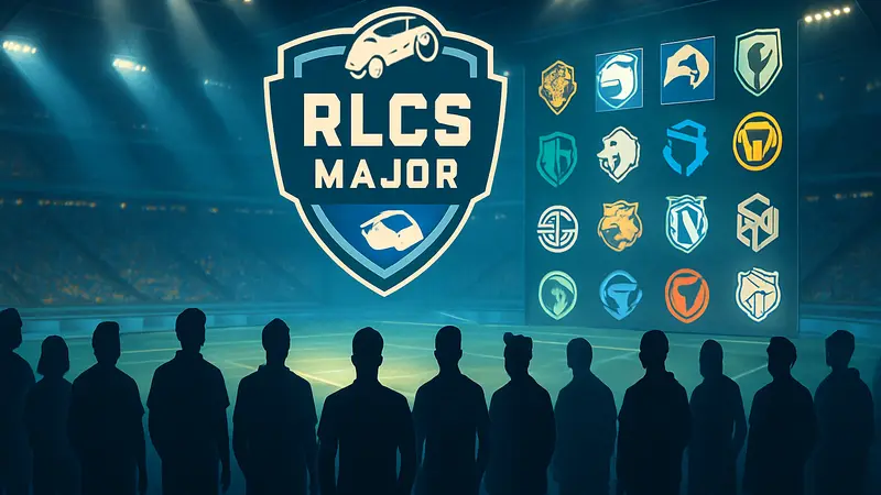 Логотип RLCS Major и 16 команд Rocket League, квалифицировавшихся на турнир в Бостоне