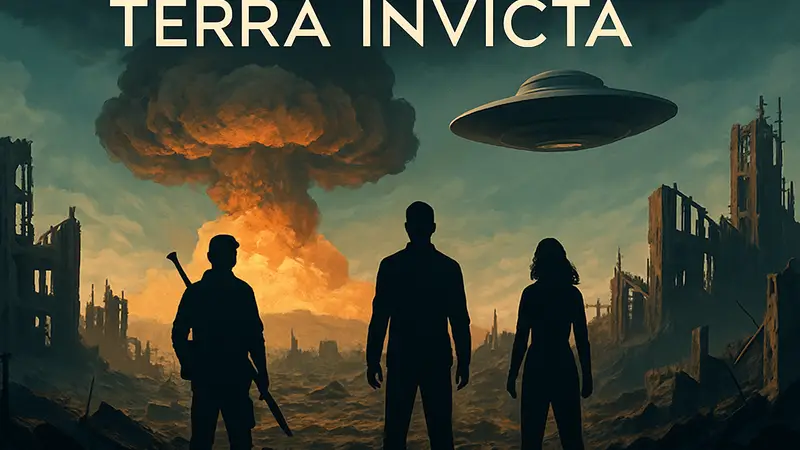 Обложка стратегии Terra Invicta с элементами ядерной пустоши и НЛО.